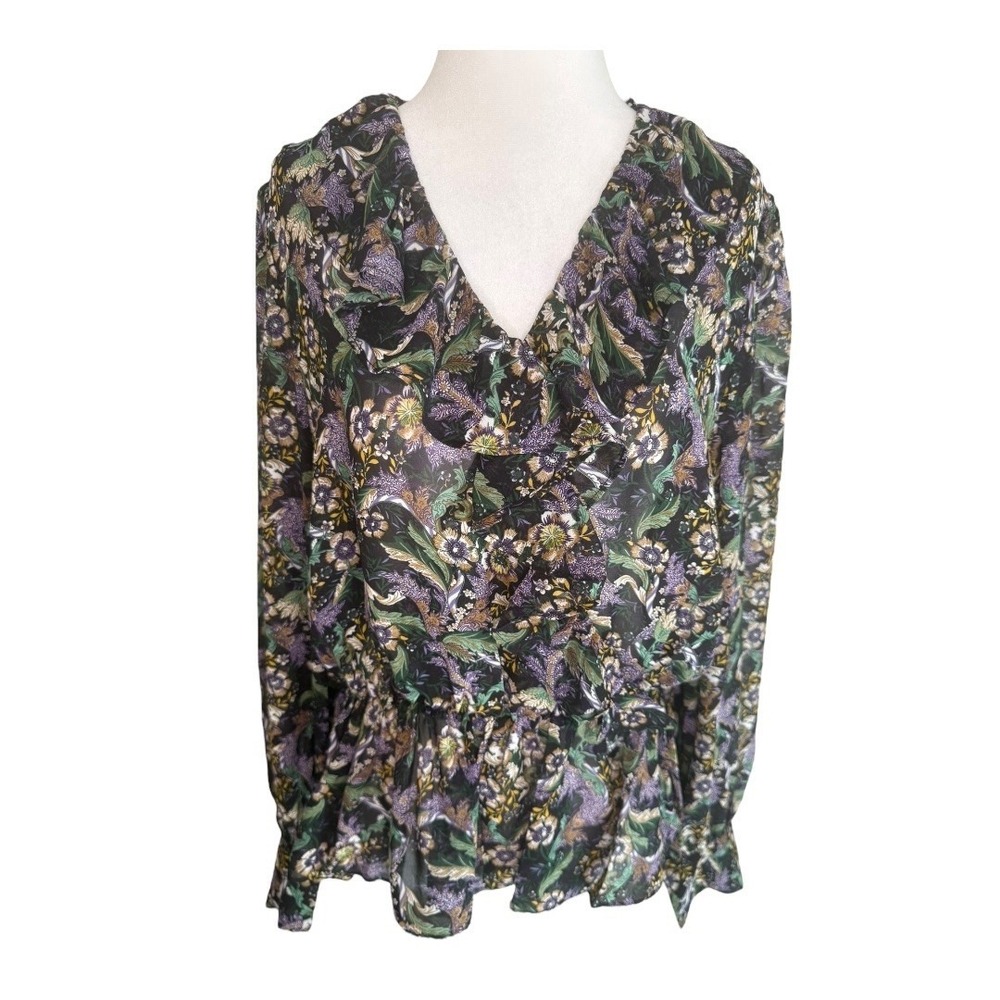 Catherine Malandrino‎ Floral Print Ruffle Trim Long Sleeve Blouse Top Medium NWT